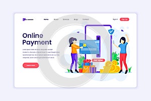 Landing page design concept of Mobile payment or money transfer concept with women using mobile phone making a payment transaction