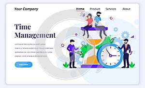 Landing page design concept of Time management with people work near a big clock and hourglass. Flat vector illustration