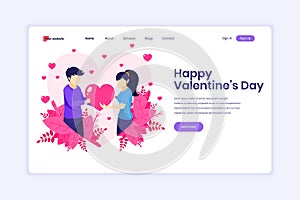 Landing page design concept of Valentine`s Day Celebration, A man is expressing love by giving a heart symbol to a woman