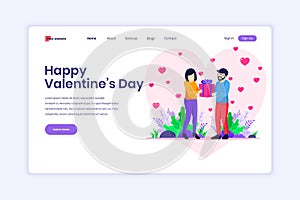 Landing page design concept of Valentine`s Day Celebration, A man is expressing love by giving a heart symbol to a woman