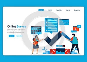 Landing page design for online survey and exam, filling out surveys with internet and validation software. Flat illustration for