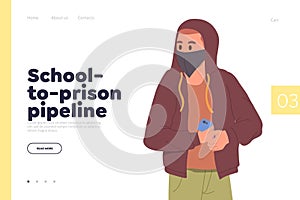 Landing page design with school-to-prison pipeline concept and young teenager bandit character