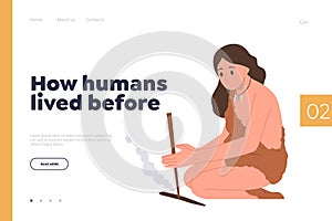 Landing page design template giving information how humans lived before during prehistoric period photo
