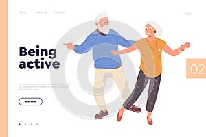 Landing page design template motivating old elderly people being active on pension retirement