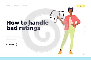 Landing page design template for online service giving answers and tips how to handle bad ratings