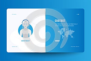 Landing Page design template for web site with Icon Chatbot and technology world map on the background. Outline drawing laptop in