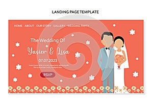 Landing page design template for wedding invitation with cute couple. Vector illustration.