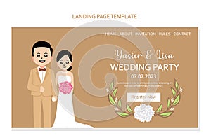 Landing page design template for wedding invitation with cute couple. Vector illustration.