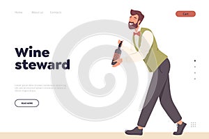 Landing page design template with wine steward expert character carrying bottle serving drink