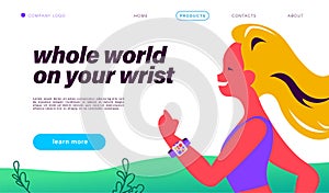 Landing page design template with young lady running with smart watch on her wrist.