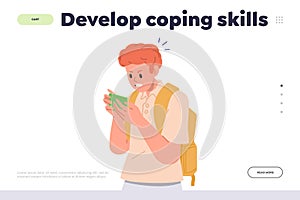 Landing page with develop coping skills concept and angry furious boy child looking at mobile screen