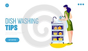 Landing page with dish washing tips concept. Web banner with housewife cleaning plated and utensils