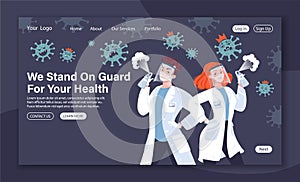 Concept of landing page with doctors against very angry coronavirus.