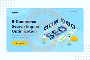 Landing Page E-Commerce SEO Online Shopping Isometric Vector Illustration, Suitable for Web Banners, Infographics, Book, Social