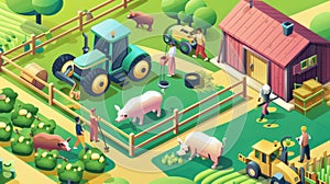 Landing page with farmers working in a garden or field, using tractor machinery, feeding cows or pigs, harvesting