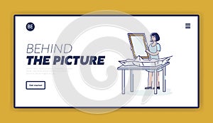 Landing page with female artist holding canvas for drawing. Cartoon woman before painting