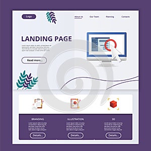 Landing page flat landing page website template. Branding, illustration, 3d. Web banner with header, content and footer