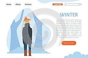 Landing Page with Freezing Teenage Boy in Coat and Hat Standing in Snowy Winter Vector Template