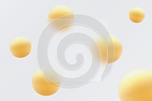 Landing page in Glass morphism style with square transparent frame and yellow spheres.