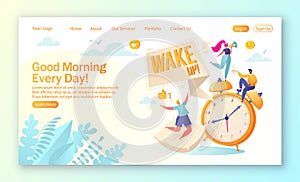 Concept of landing page on daily morning life and routine theme. Morning wake up alarm and happy, people characters rejoice at the photo