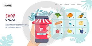 Landing page, hand holds phone. Shop, supermarket online. Selection of products. Food delivery. flat style. Vector