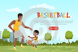 Landing Page Happy African American Dad and His Son Playing Basketball Vector Template