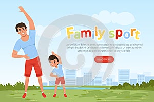 Landing Page with Happy Dad and His Son Doing Sport Activity Vector Template