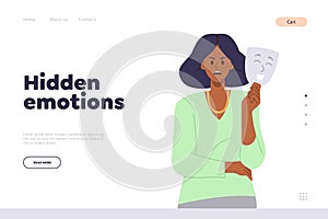Landing page with hidden emotion concept and female character suppressing rage under happy mask