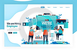 Landing page of we are hiring employees. open vacancies for job seekers. open recruitment agencies, jobs interview. selection and photo