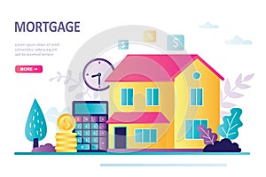 Landing page about home loan. Calculator, gold coins and construction. Mortgage concept, buying house and real estate
