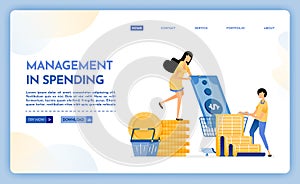 Landing page illustration of management of spending. People set budgets to save expenses. Pay for groceries and monthly bills.