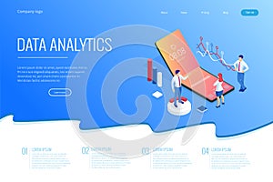 Landing page with Isometric Business and Finance Analysts, Analyzing Key Performance Indicators, Business Data Analyst