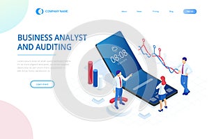 Landing page with Isometric Business and Finance Analysts, Analyzing Key Performance Indicators, Business Data Analyst