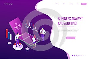 Landing page with Isometric Business and Finance Analysts, Analyzing Key Performance Indicators, Business Data Analyst