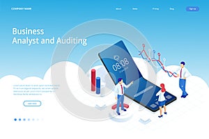 Landing page with Isometric Business and Finance Analysts, Analyzing Key Performance Indicators, Business Data Analyst