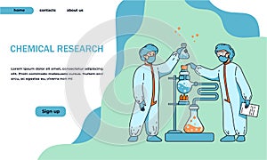 Landing page laboratory tests and experiments. Scientist research. Scientific workers with analysis flasks. Chemical lab