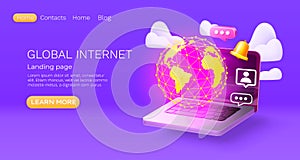 Landing page laptop global internet, website banner message. Vector