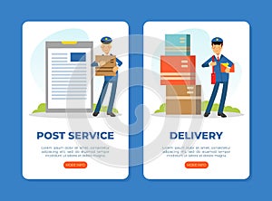 Landing Page with Mail Carrier or Mailman as Employee of Postal Service Delivering Mail and Parcels to Residence Vector