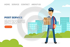 Landing Page with Mail Carrier or Mailman as Employee of Postal Service Delivering Mail and Parcels to Residence Vector