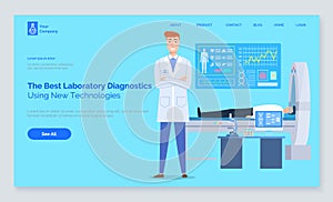 Landing page of medical website, laboratory diagnostics, doctor in medical gown, mri, radiology