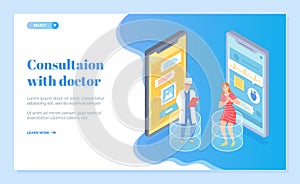 Landing page of medical website, online consultation of doctor and patient with pain, virtual help