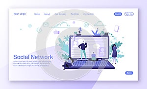 Landing page design on social media network theme. Man and woman characters communication and chatting in social network.