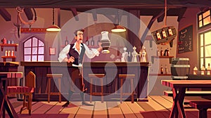 The landing page for an old tavern interior with a barista holding a wooden tankard and diners dining. An invitation to