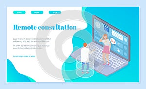 Landing page of online medical consultation. Doctor using laptop to advise woman about bad feeling