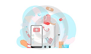 Landing page of Online pharmacy, healthcare, drugstore and e-commerce app concept. Vector of prescription drugs, first aid kit and