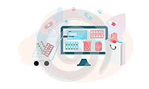 Landing page of Online pharmacy, healthcare, drugstore and ecommerce app concept. Vector of prescription drugs, first aid kit and