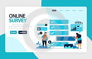 Landing page online survey. Exams Choices Flat character for learning and survey consultants. research feedback opinion, choice
