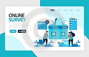 Landing page online survey. Exams Choices Flat character for learning and survey consultants. research feedback opinion, choice ch
