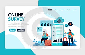 Landing page online survey. Satisfaction feedback, review form service, Exams Choices Flat character for learning and survey consu