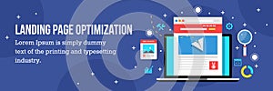 Landing page optimization - home page seo. Flat vector illustration.